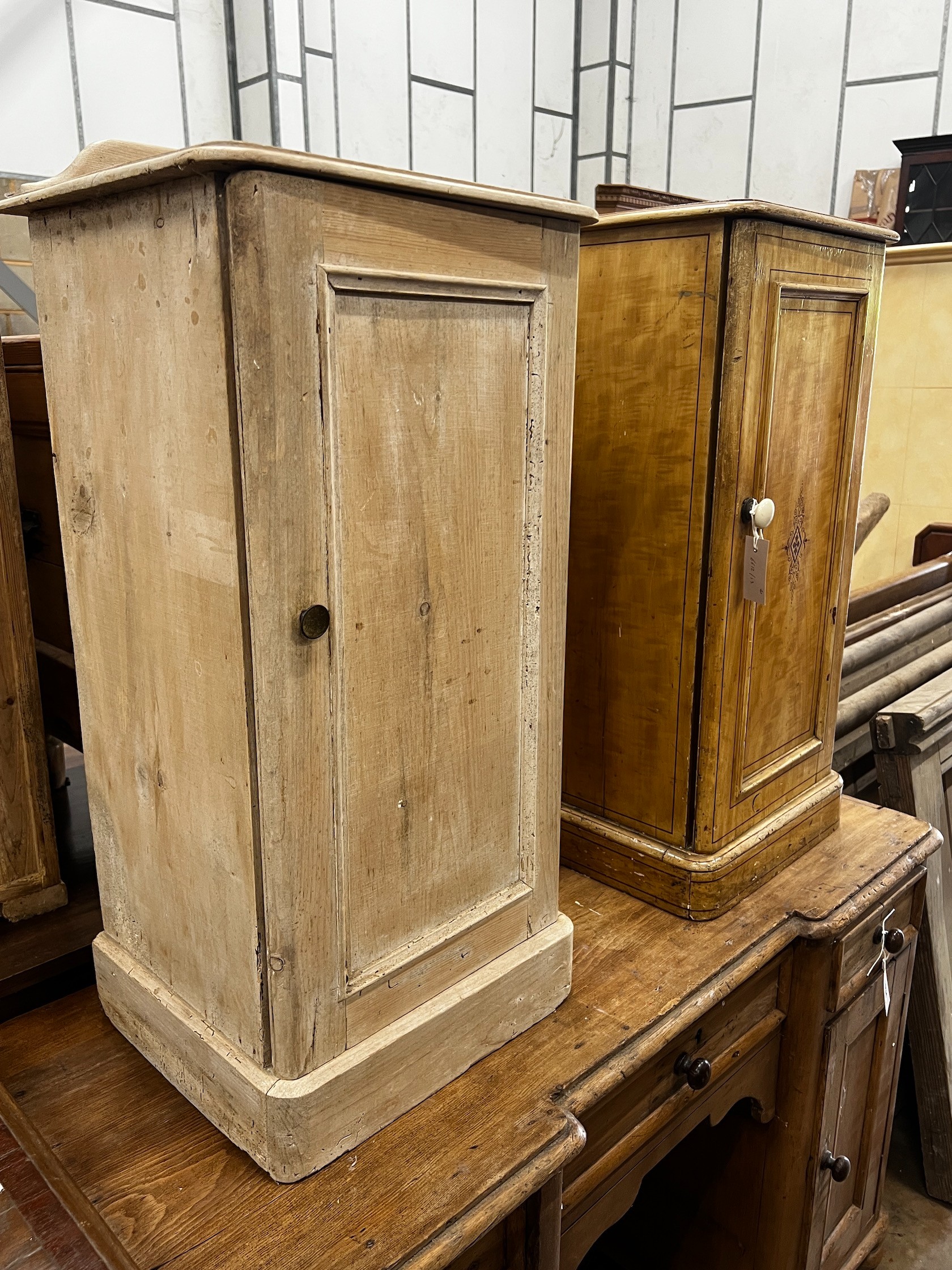 Two Victorian pine bedside cabinets, tallest 80cm